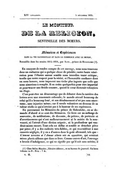 Le Moniteur de la religion sentinelle des moeurs journal hebdomadaire