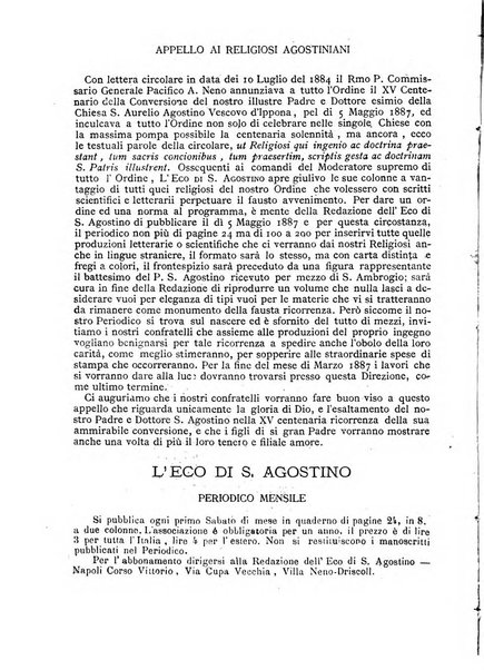 L'eco di s. Agostino, dedicato alle glorie di Maria SS.ma del Buon Consiglio periodico mensile