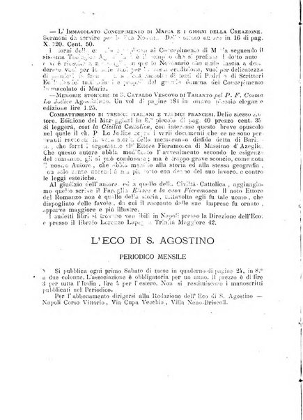 L'eco di s. Agostino, dedicato alle glorie di Maria SS.ma del Buon Consiglio periodico mensile