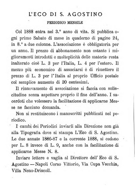 L'eco di s. Agostino, dedicato alle glorie di Maria SS.ma del Buon Consiglio periodico mensile