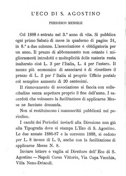 L'eco di s. Agostino, dedicato alle glorie di Maria SS.ma del Buon Consiglio periodico mensile