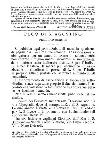 L'eco di s. Agostino, dedicato alle glorie di Maria SS.ma del Buon Consiglio periodico mensile