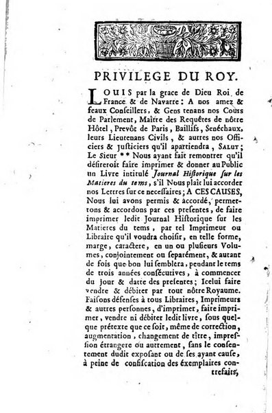 Journal historique sur les matières du tems contenant aussi quelques nouvelles de littérature et autres remarques curieuses