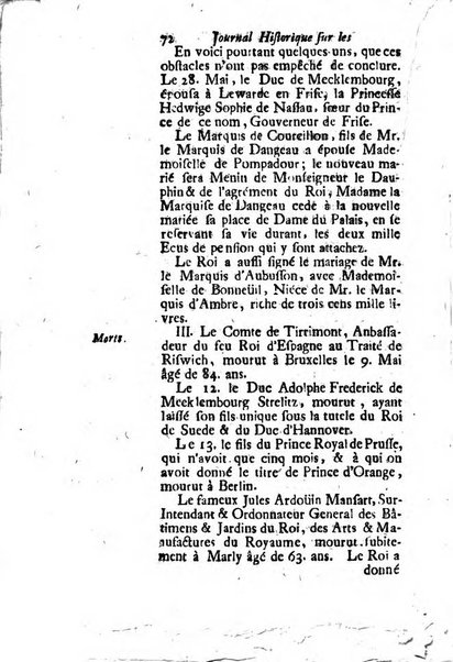 Journal historique sur les matières du tems contenant aussi quelques nouvelles de littérature et autres remarques curieuses