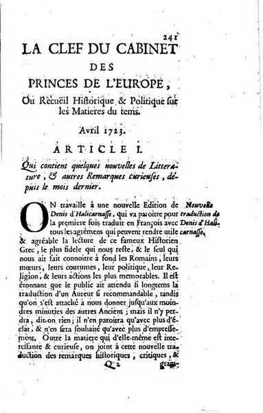 La clef du cabinet des princes de l'Europe ou recueil historique et politique sur les matières du tems