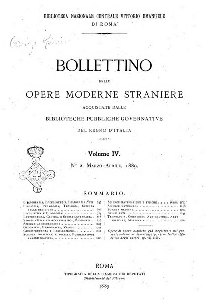 Bollettino delle opere moderne straniere acquistate dalle biblioteche pubbliche governative del Regno d'Italia