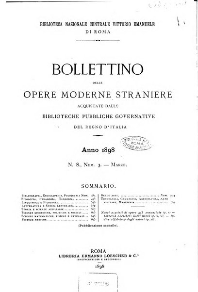 Bollettino delle opere moderne straniere acquistate dalle biblioteche pubbliche governative del Regno d'Italia