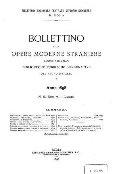 Bollettino delle opere moderne straniere acquistate dalle biblioteche pubbliche governative del Regno d'Italia