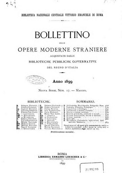 Bollettino delle opere moderne straniere acquistate dalle biblioteche pubbliche governative del Regno d'Italia