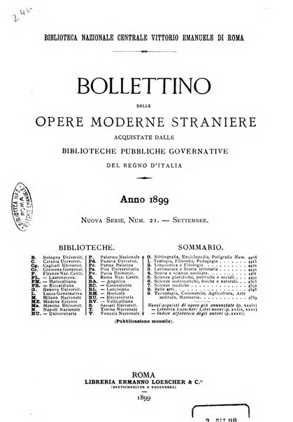 Bollettino delle opere moderne straniere acquistate dalle biblioteche pubbliche governative del Regno d'Italia