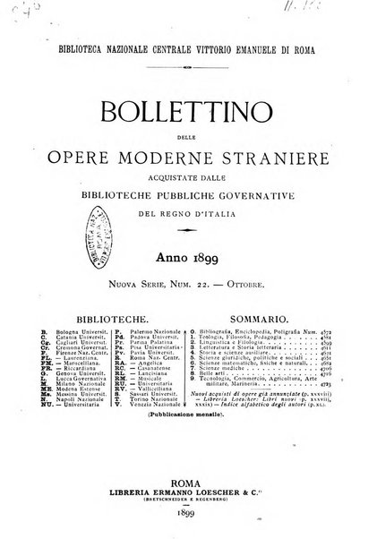 Bollettino delle opere moderne straniere acquistate dalle biblioteche pubbliche governative del Regno d'Italia