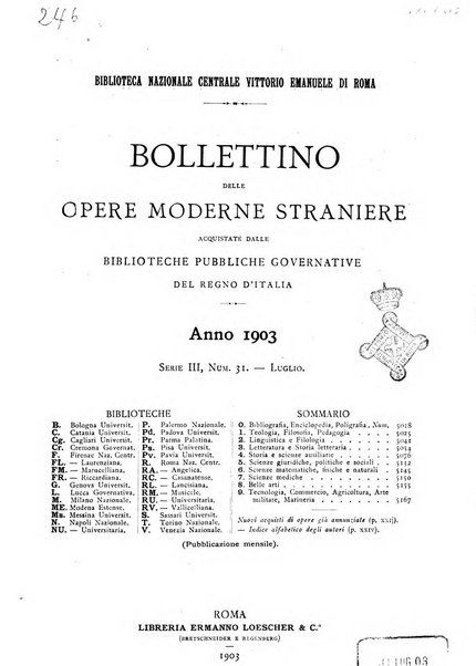 Bollettino delle opere moderne straniere acquistate dalle biblioteche pubbliche governative del Regno d'Italia