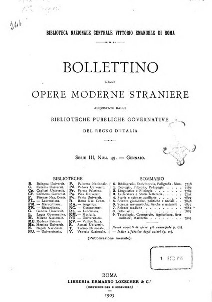 Bollettino delle opere moderne straniere acquistate dalle biblioteche pubbliche governative del Regno d'Italia