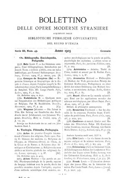 Bollettino delle opere moderne straniere acquistate dalle biblioteche pubbliche governative del Regno d'Italia