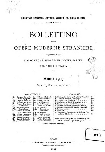 Bollettino delle opere moderne straniere acquistate dalle biblioteche pubbliche governative del Regno d'Italia