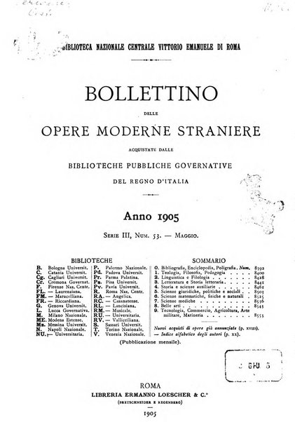 Bollettino delle opere moderne straniere acquistate dalle biblioteche pubbliche governative del Regno d'Italia