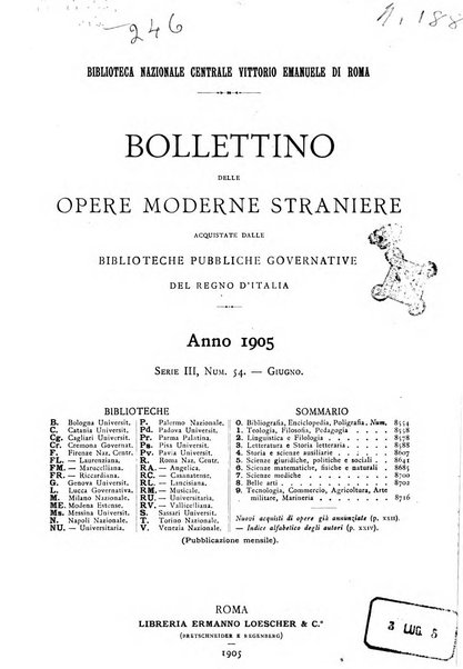 Bollettino delle opere moderne straniere acquistate dalle biblioteche pubbliche governative del Regno d'Italia