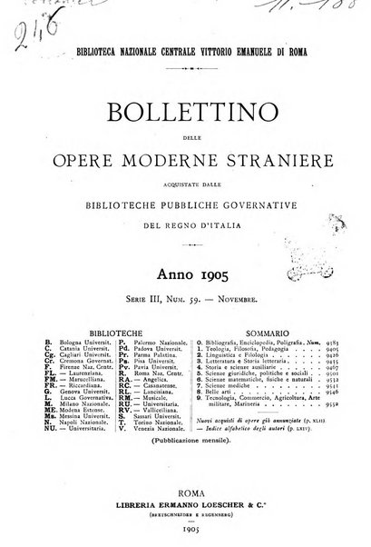 Bollettino delle opere moderne straniere acquistate dalle biblioteche pubbliche governative del Regno d'Italia