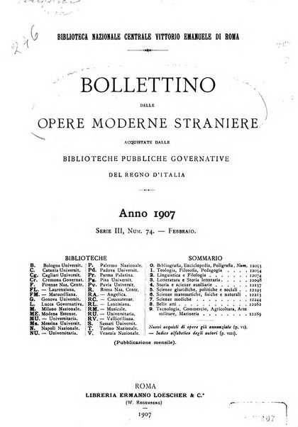 Bollettino delle opere moderne straniere acquistate dalle biblioteche pubbliche governative del Regno d'Italia