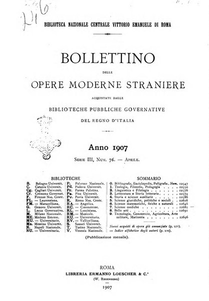 Bollettino delle opere moderne straniere acquistate dalle biblioteche pubbliche governative del Regno d'Italia