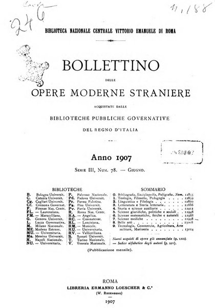 Bollettino delle opere moderne straniere acquistate dalle biblioteche pubbliche governative del Regno d'Italia