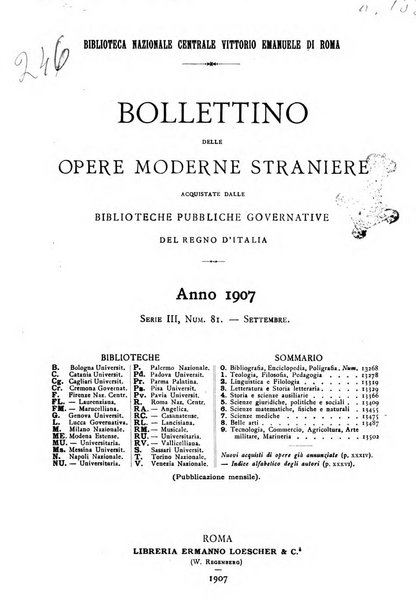 Bollettino delle opere moderne straniere acquistate dalle biblioteche pubbliche governative del Regno d'Italia