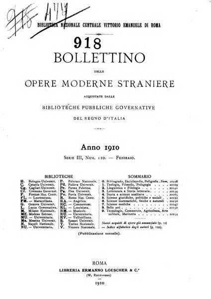 Bollettino delle opere moderne straniere acquistate dalle biblioteche pubbliche governative del Regno d'Italia