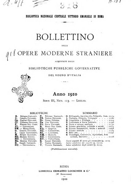 Bollettino delle opere moderne straniere acquistate dalle biblioteche pubbliche governative del Regno d'Italia