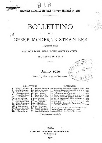 Bollettino delle opere moderne straniere acquistate dalle biblioteche pubbliche governative del Regno d'Italia