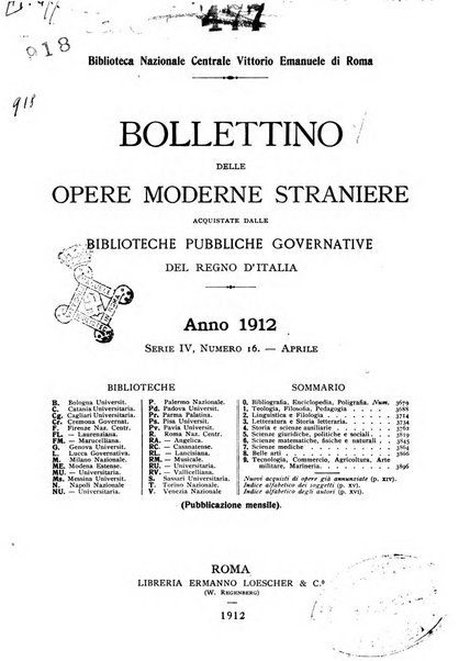 Bollettino delle opere moderne straniere acquistate dalle biblioteche pubbliche governative del Regno d'Italia