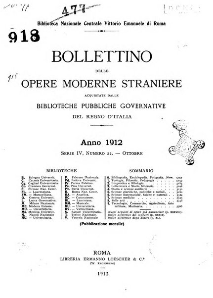 Bollettino delle opere moderne straniere acquistate dalle biblioteche pubbliche governative del Regno d'Italia