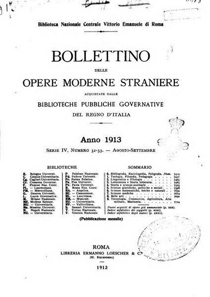 Bollettino delle opere moderne straniere acquistate dalle biblioteche pubbliche governative del Regno d'Italia