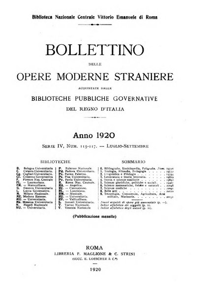 Bollettino delle opere moderne straniere acquistate dalle biblioteche pubbliche governative del Regno d'Italia