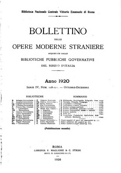 Bollettino delle opere moderne straniere acquistate dalle biblioteche pubbliche governative del Regno d'Italia