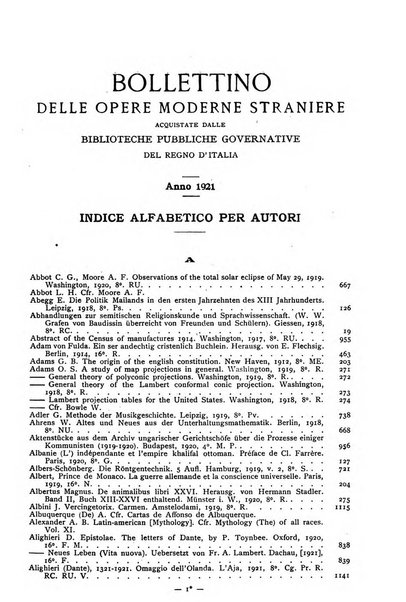 Bollettino delle opere moderne straniere acquistate dalle biblioteche pubbliche governative del Regno d'Italia