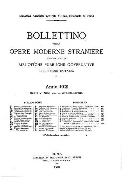 Bollettino delle opere moderne straniere acquistate dalle biblioteche pubbliche governative del Regno d'Italia