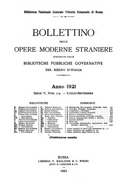 Bollettino delle opere moderne straniere acquistate dalle biblioteche pubbliche governative del Regno d'Italia