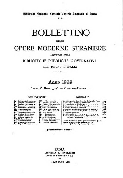 Bollettino delle opere moderne straniere acquistate dalle biblioteche pubbliche governative del Regno d'Italia