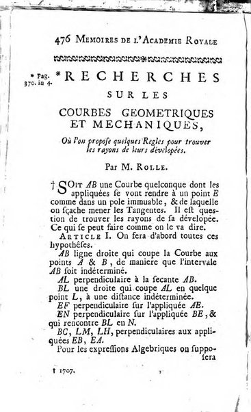 Histoire de l'Académie royale des sciences avec les Mémoires de mathematique & de physique, pour la même année, tires des registres de cette Académie.