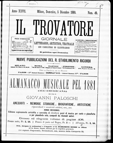 Il trovatore : giornale letterario, artistico, teatrale