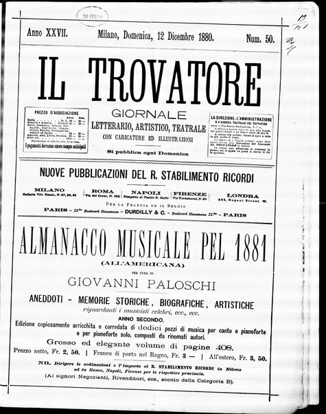 Il trovatore : giornale letterario, artistico, teatrale