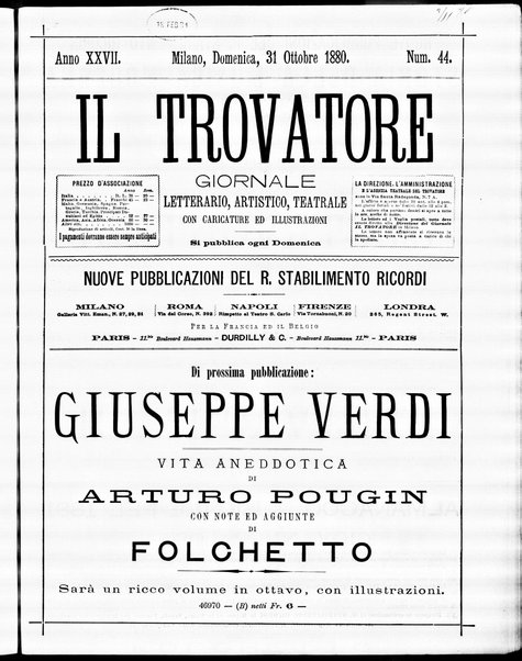 Il trovatore : giornale letterario, artistico, teatrale