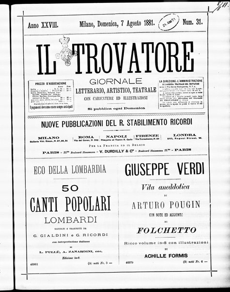 Il trovatore : giornale letterario, artistico, teatrale