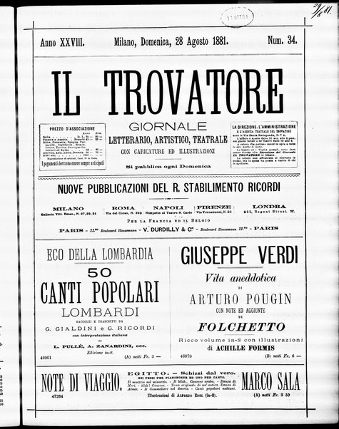 Il trovatore : giornale letterario, artistico, teatrale