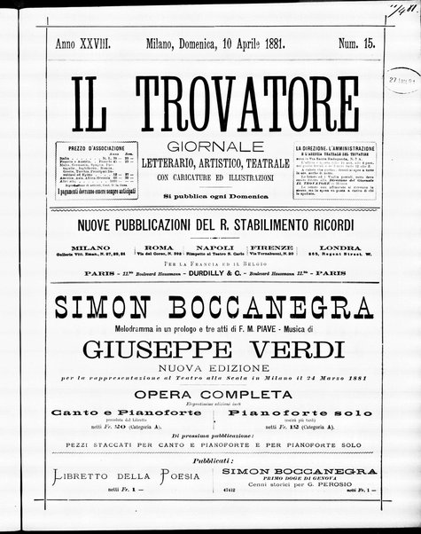 Il trovatore : giornale letterario, artistico, teatrale