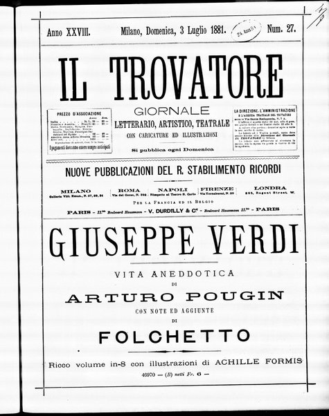 Il trovatore : giornale letterario, artistico, teatrale