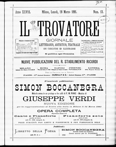 Il trovatore : giornale letterario, artistico, teatrale