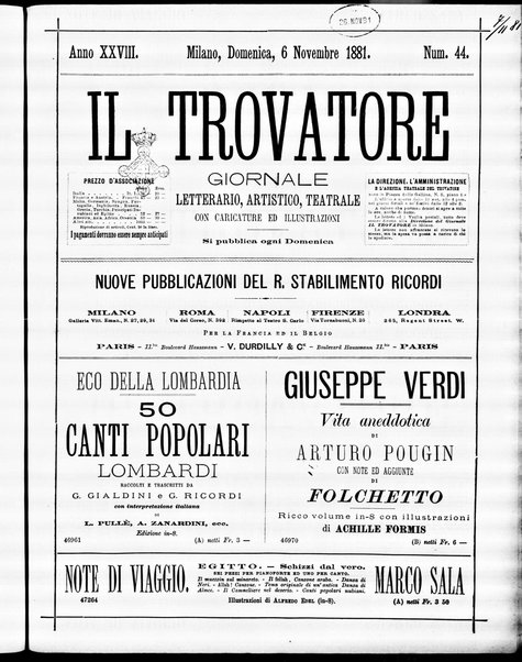 Il trovatore : giornale letterario, artistico, teatrale