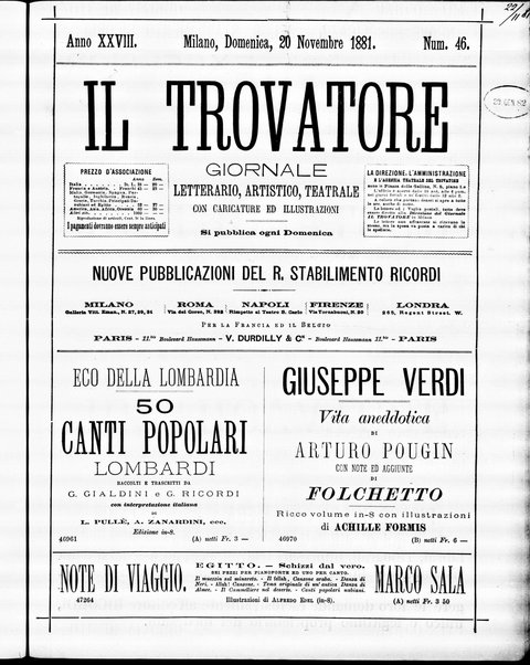 Il trovatore : giornale letterario, artistico, teatrale