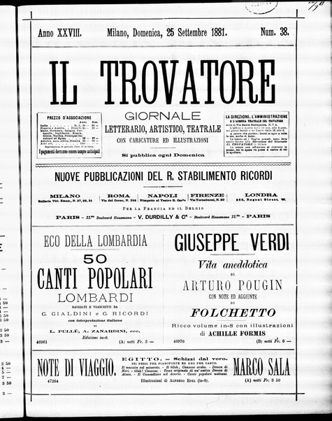 Il trovatore : giornale letterario, artistico, teatrale